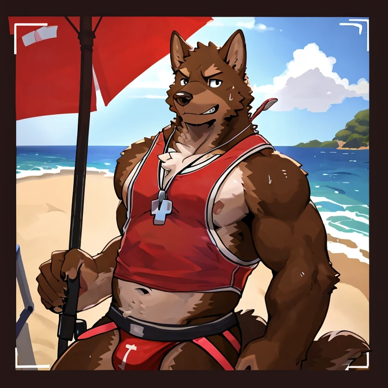 POV,top angle,sleep on stomach,lats,trapezius,butt lift,kemono, anthro (brown dog), male, (brown dog), muscular, back, red body, white belly ,sweat, ((correct anatomy)), stand near lifeguard chair, lifeguard chair, beach, perfect beach background, 1 boy, solo, wearing jockstrap, pain expression, canine tooth, hd, dark shadows, wide dynamic range, hdr, low light:1.2, front view, full body, canid, canine, canis, domesticbrown dog mammal, nordic sled brown dog, fullbody, full res, smile, lifeguard, wearing Tank top, full body, camera view, side view, full view, whistle