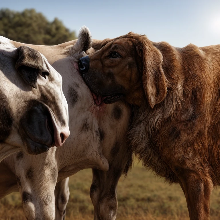 ((((photorealistic, feral cow, feral dog)))), ((((feral, duo)))),  ((((rimming, dog anallicking cow, raised tail)))), ((((all fours, dirty, butt focus)))), outside, sunny, blue skys, best quality, shaded, extreme detail, highly detailed, ultradetailed, intricate, realistic, detailed background, hi res, realistic, photorealism, 