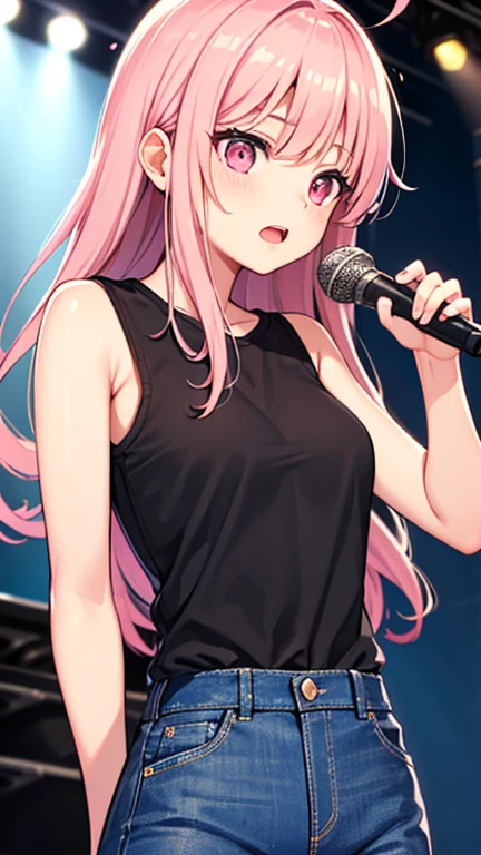 最high quality,very detailed,high quality,Extremely detailed,masterpiece,Super fine,ultra high resolution,超high quality,super delicate face,super realistic,(1 person:1.2)、woman、(Mature:1.5)、pink hair color、long hair、(pink eyes)、small breasts 、slender body, Ahoge、(sing:1.3), perfect face, beautiful proportions, Hold the microphone to your mouth, Stage Background、T-shirt、jeans、(Upper body close-up:1.3)