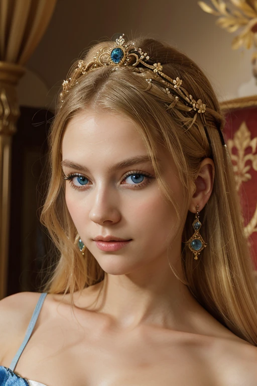 beautiful portrait of the empress, blonde hair, perfect blue eyes in the palace,baroque style 
