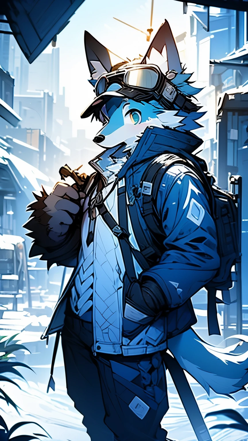 "A solitary wolf with blue fur and a white tail, standing in a surreal landscape of imprressionist style, illuminated by soft natural lighting. The wolf has a fur pattern resembling the clouds and is wearing ski goggles on its head. Its eyes are blue. Its fur is extremely detailed. The atmosphere of the image is enhanced by a hazy blue color scheme."