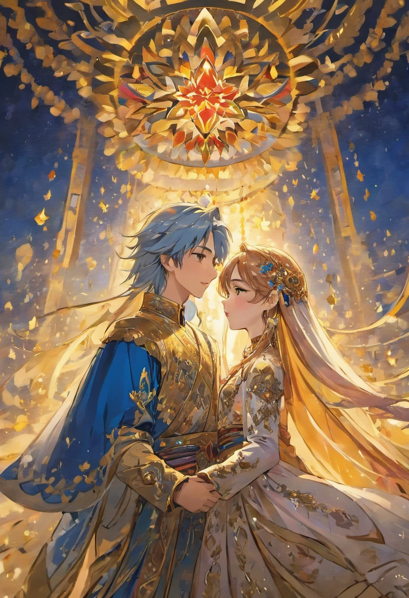A heartwarming and lyrical scene depicts an intimate encounter between a man and a woman.。Happiness in love。tears of gratitude。steppe of central asia。Moonlight Sparkle、The shimmering banks of the Ili River。Creates a fantastic and romantic atmosphere。The couple is embracing each other in bliss。 The man is tall and has dark hair that frames his striking face.。The man is the crown prince of the Turkic nomadic empire.。The man is wearing an ultramarine outfit intricately embroidered with gold thread.。This is the costume that proves he is the Crown Prince.。The women are ordinary people of the oasis and wear Uighur traditional clothing.。The woman from Turpan in the Takmalakan Desert is delicate and .。Show off your radiant beauty with flowing, light-colored hair。 their pure love、Emphasis is placed on transcending class and culture.。 This magical moment captures the essence of their love。Evokes a sense of purity, sweetness and singleness。Persian miniature、Reminiscent of Gustave Moreau's style、delicate、beautiful、Exotic, luxurious and full of profound charm。romantic。Heartful。dramatic。digital art。super masterpiece。perfect finish。Detailed and sophisticated。Sweet and elegant。Masterpiece。super beautiful。Deeply moving。sky、people、land。nostalgic。A fundamental emotion。Hometown。