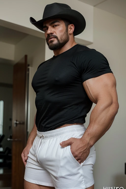 hulk photography, light cinematic heavyweight bodybuilder, 75 kg of complete muscle, Bigote grueso y trozo chino barbudo, hombres muy guapo. perfect body proportion,, hypermuscular nalgon, realista, two cowboy with hat, black shirt, white shorts, backside, trasero inclinado