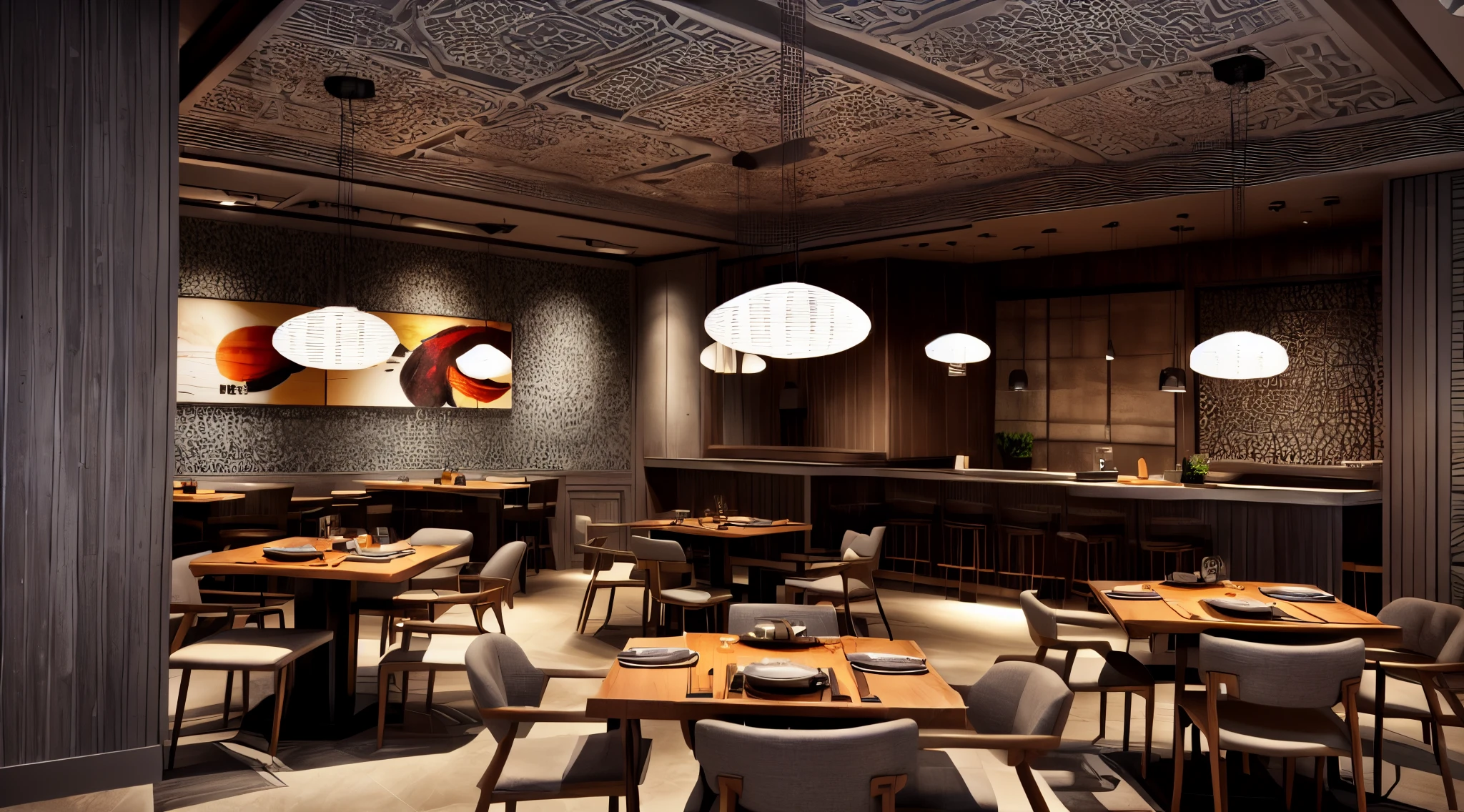 Taiwanese style restaurant, modern, luxurious, high quality image, gray floor tiles, artistically decorated ceiling