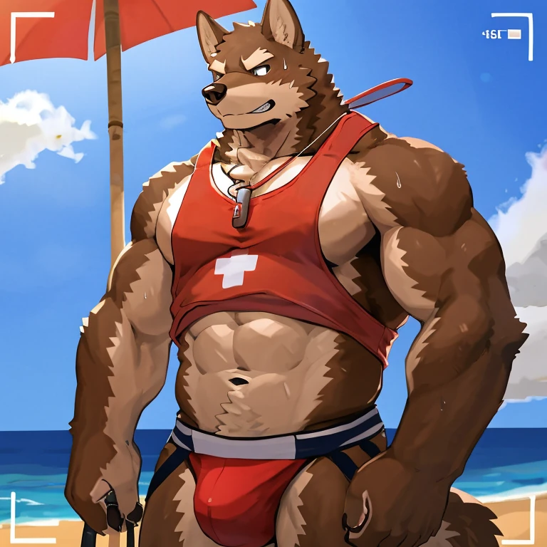 POV,top angle,sleep on stomach,lats,trapezius,butt lift,kemono, anthro (brown dog), male, (brown dog), muscular, back, red body, white belly ,sweat, ((correct anatomy)), stand, beach, perfect beach background, 1 boy, solo, wearing jockstrap, pain expression, canine tooth, hd, dark shadows, wide dynamic range, hdr, low light:1.2, front view, full body, canid, canine, canis, domesticbrown dog mammal, nordic sled brown dog, fullbody, full res, smile, lifeguard, wearing Tank top, full body, camera view, side view, full view, whistle