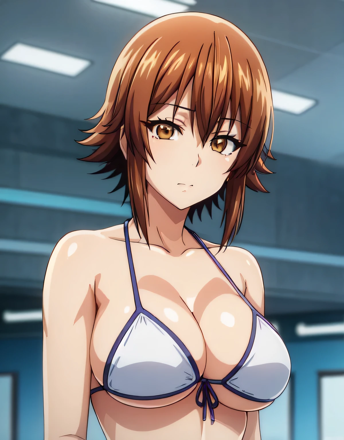 kotegawa chisa,indoor pool,closed mouth,brown eyes,brown hair,short hair,front-tie bikini top,white bikini,(large breasts:1.5),(shiny,hair),((solo)),((masterpiece)),((best quality)),perfect anatomy,slim waist,perfect image,8k UHD,(beautiful detailed eyes:1.5),extremely detailed face,standing,(upper body:1.2),(look at the front:1.4),arms behindback,ultra-detailed,absurdres,highres,