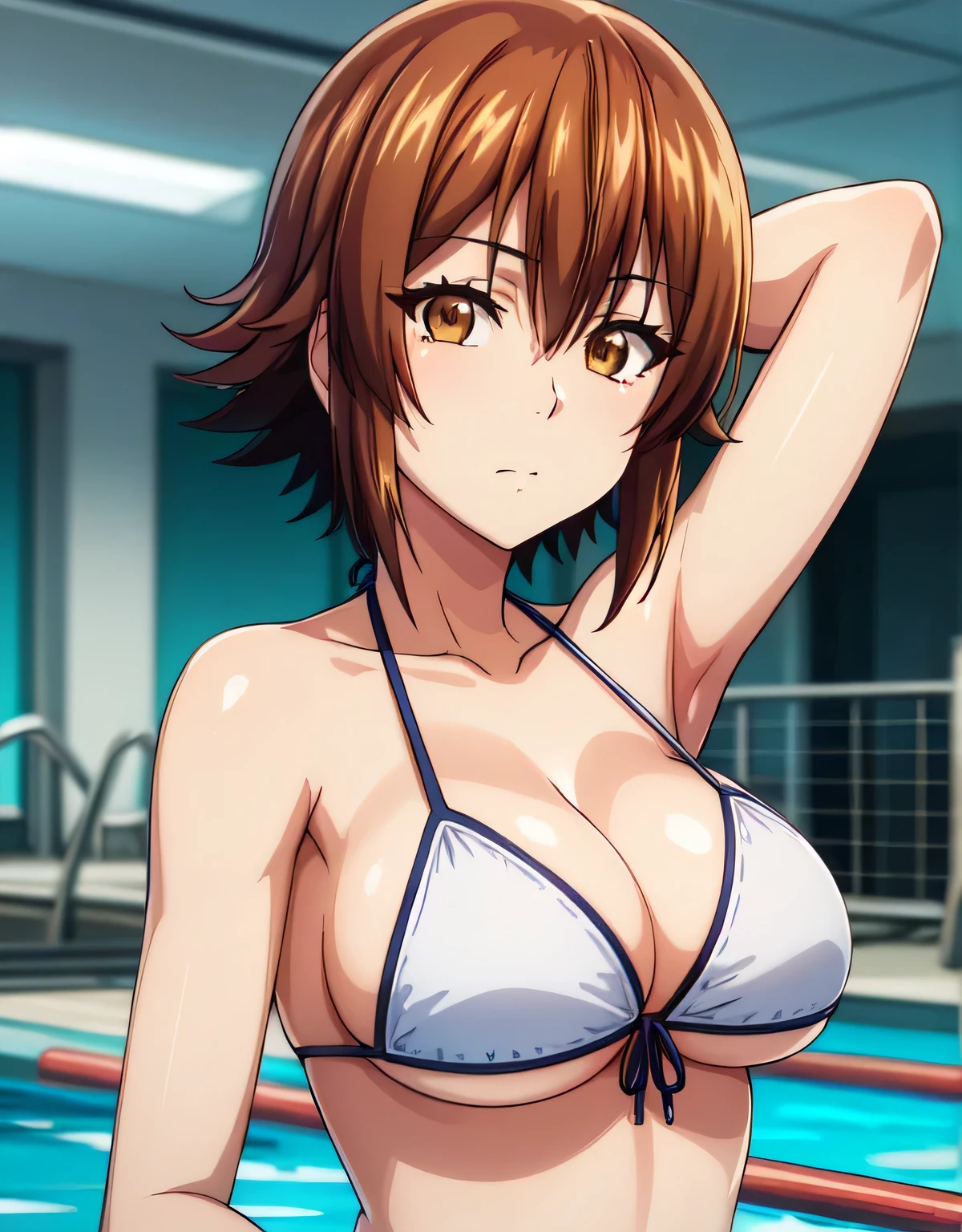 kotegawa chisa,indoor pool,closed mouth,brown eyes,brown hair,short hair,front-tie bikini top,white bikini,(large breasts:1.5),(shiny,hair),((solo)),((masterpiece)),((best quality)),perfect anatomy,slim waist,perfect image,8k UHD,(beautiful detailed eyes:1.5),extremely detailed face,standing,(upper body:1.2),(look at the front:1.4),arms behindback,ultra-detailed,absurdres,highres,