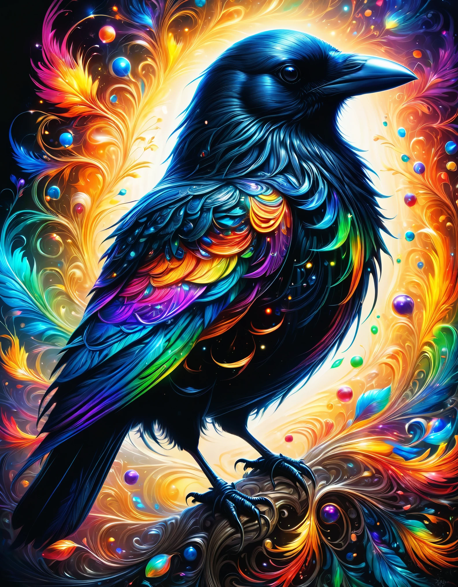 Close-up shot of a crow,masterpiece,最高masterpiece,highest quality,rendering,rich colors,colorfulな呪文を唱える,dream-like,Detailed details,In detail,,bright colors,beautiful光と影,magic,dream-like,Inspiration,beautiful,rendering,colorful,wonderful,particles of light,get used to it,masterpiece,最高masterpiece,Art work using light,Artistic,get used to it,