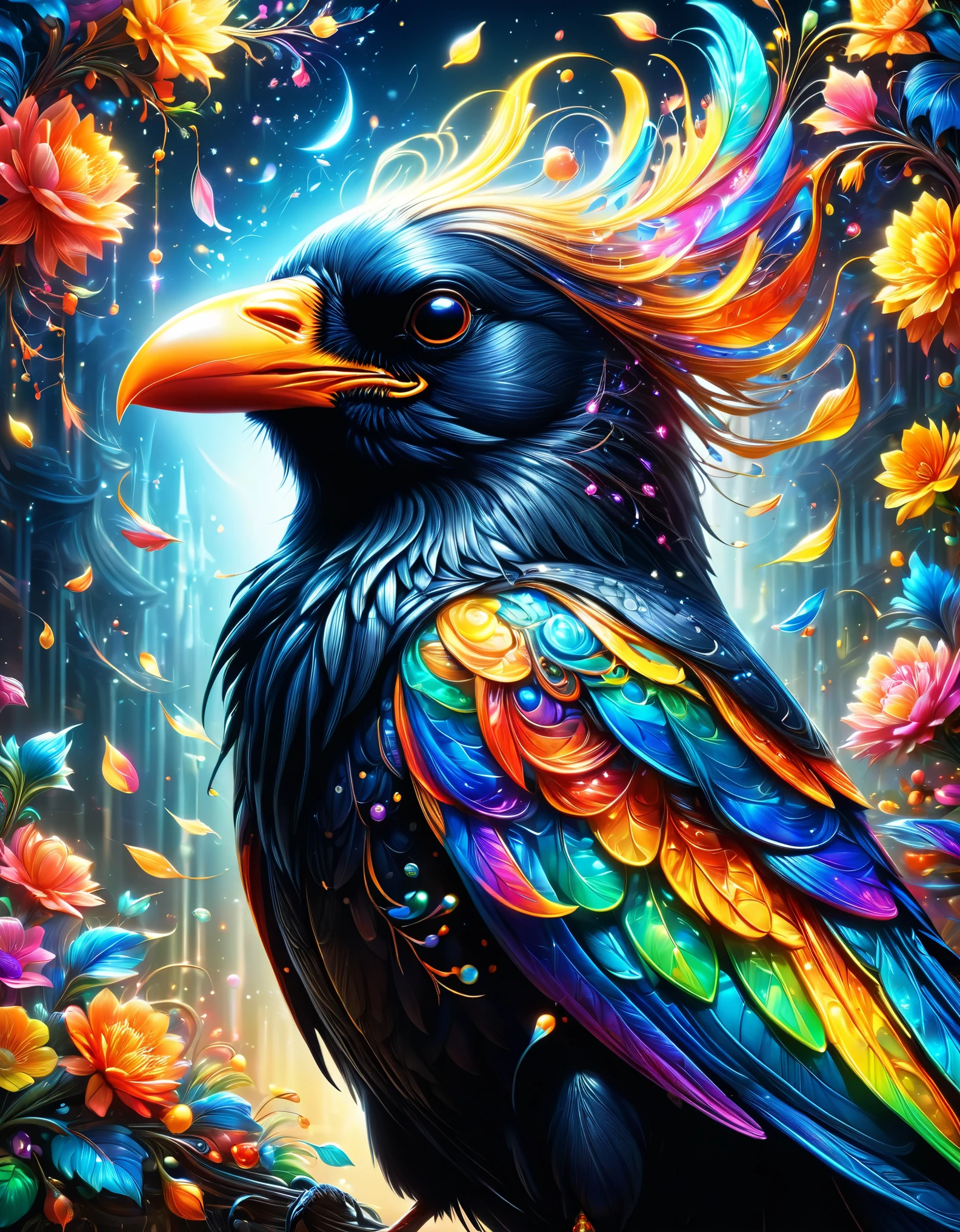 Close-up shot of a crow,masterpiece,最高masterpiece,highest quality,rendering,rich colors,colorfulな呪文を唱える,dream-like,Detailed details,In detail,,bright colors,beautiful光と影,magic,dream-like,Inspiration,beautiful,rendering,colorful,wonderful,particles of light,get used to it,masterpiece,最高masterpiece,Art work using light,Artistic,get used to it,