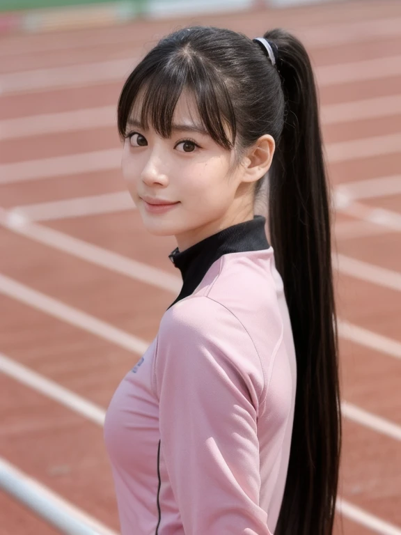 (kawaii 24 year-old Japanese girl, Nogizaka idol, Korean idol), healthy female athlete body, (glossy black hair, high ponytail, ponytail must be in behind the shoulders, bangs:1.3), (forehead without wrinkles:0.8), (rounded face, black eyes, single eyelid, no makeup, soft smiling:1.2), (wearing light pink track jackets:1.3), (flat chest, extra small breasts), (looking at viewer:1.2), BREAK, (track and field background:1.3), (dynamic angle:1.3), face focus, BREAK, (masterpiece, best quality, photo realistic, official art:1.4), (UHD, 8K quality wallpaper, high resolution, raw photo, golden ratio:1.2), (shiny skin), professional lighting, physically based rendering, award winning, (perfect anatomy, highly detailed skin, extremely detailed face and eyes), Carl Zeiss 85 mm F/1.4, depth of field, 1girl, solo,