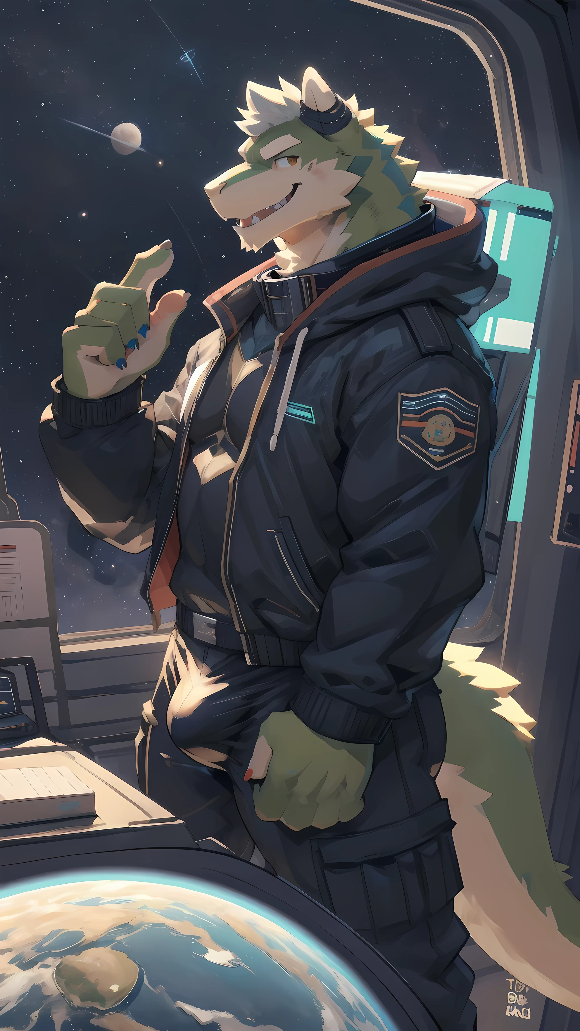 Solo, male, standing, by bigcozyorca, by goonie-san, by bebebebebe, by spikedmauler, facing viewer, silver, green fur, tyrannosaurus, bushy tail, buff, spacesuit, space observation deck background, open mouth, detailed mouth, closed mouth grin, drooling, smirking, eductive smile, ful grin, bulge, bulging, hard bulge, adjusting hard bulge, adjusting bulge, adjusting crotch, cockh knot on it, cum, cumg, biock, Wearing coll callor on neck, unzipping pants to show off cock, penis, teasing c