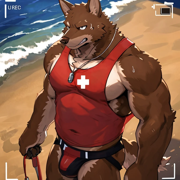 POV,top angle,sleep on stomach,lats,trapezius,butt lift,kemono, anthro (brown dog), male, (brown dog), muscular, back, red body, white belly ,sweat, ((correct anatomy)), stand, beach, perfect beach background, 1 boy, solo, wearing jockstrap, pain expression, canine tooth, hd, dark shadows, wide dynamic range, hdr, low light:1.2, front view, full body, canid, canine, canis, domesticbrown dog mammal, nordic sled brown dog, fullbody, full res, smile, lifeguard, wearing Tank top, full body, camera view, side view, full view, whistle
