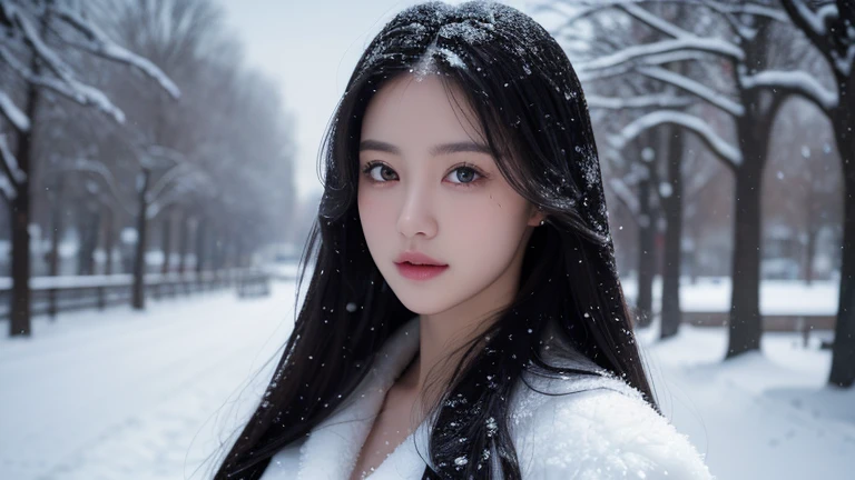 Portrait photography, beautiful girl, black long hair, gorgeous dress, snow scene, snow, snow, outdoor, (RAW photo, best quality), (realistic, photo realism: 1.3), masterpiece, extremely precise and beautiful, high resolution, original, perfect photo, (extremely detailed CG: 1.2), unified, 2K, wallpaper, stunning, fine details