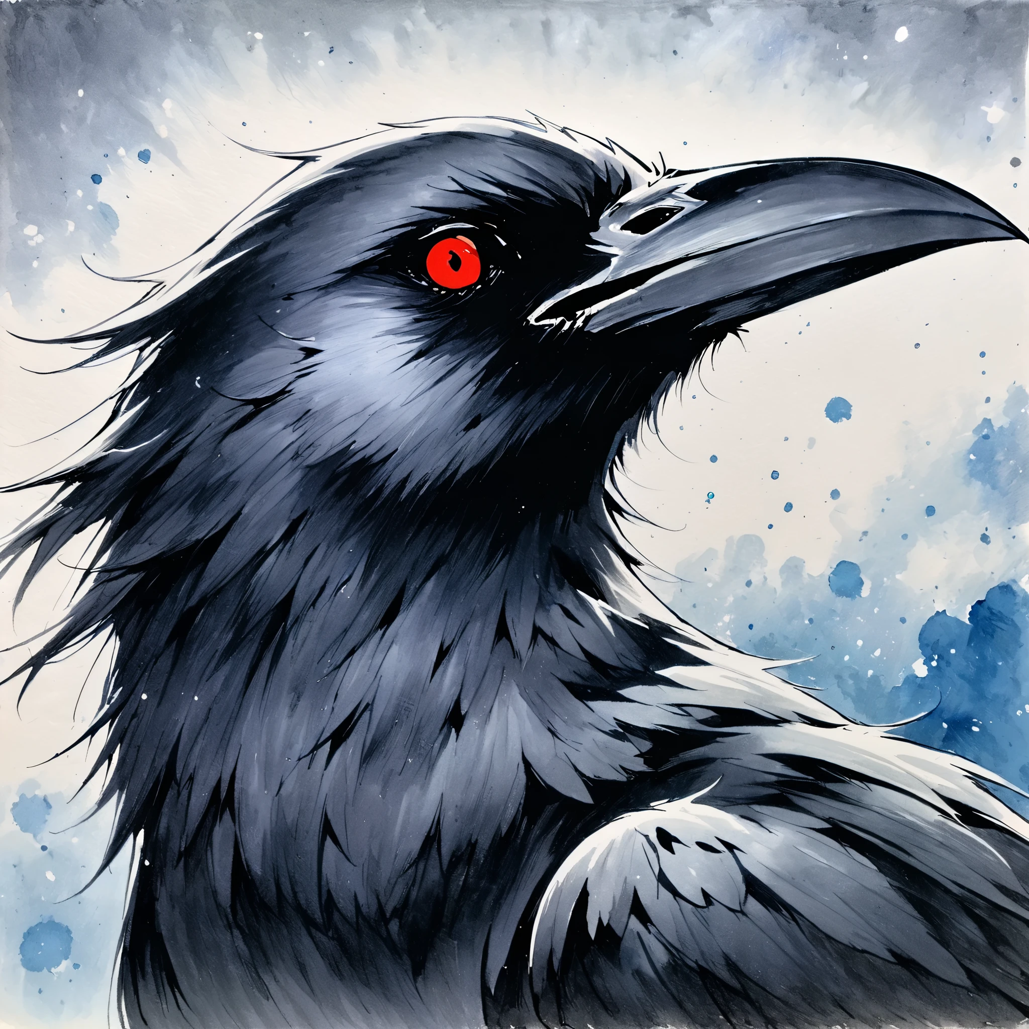 1 crow,traditional media,look up,cold background ,(Animal portraits、Raven details) ,( alone)