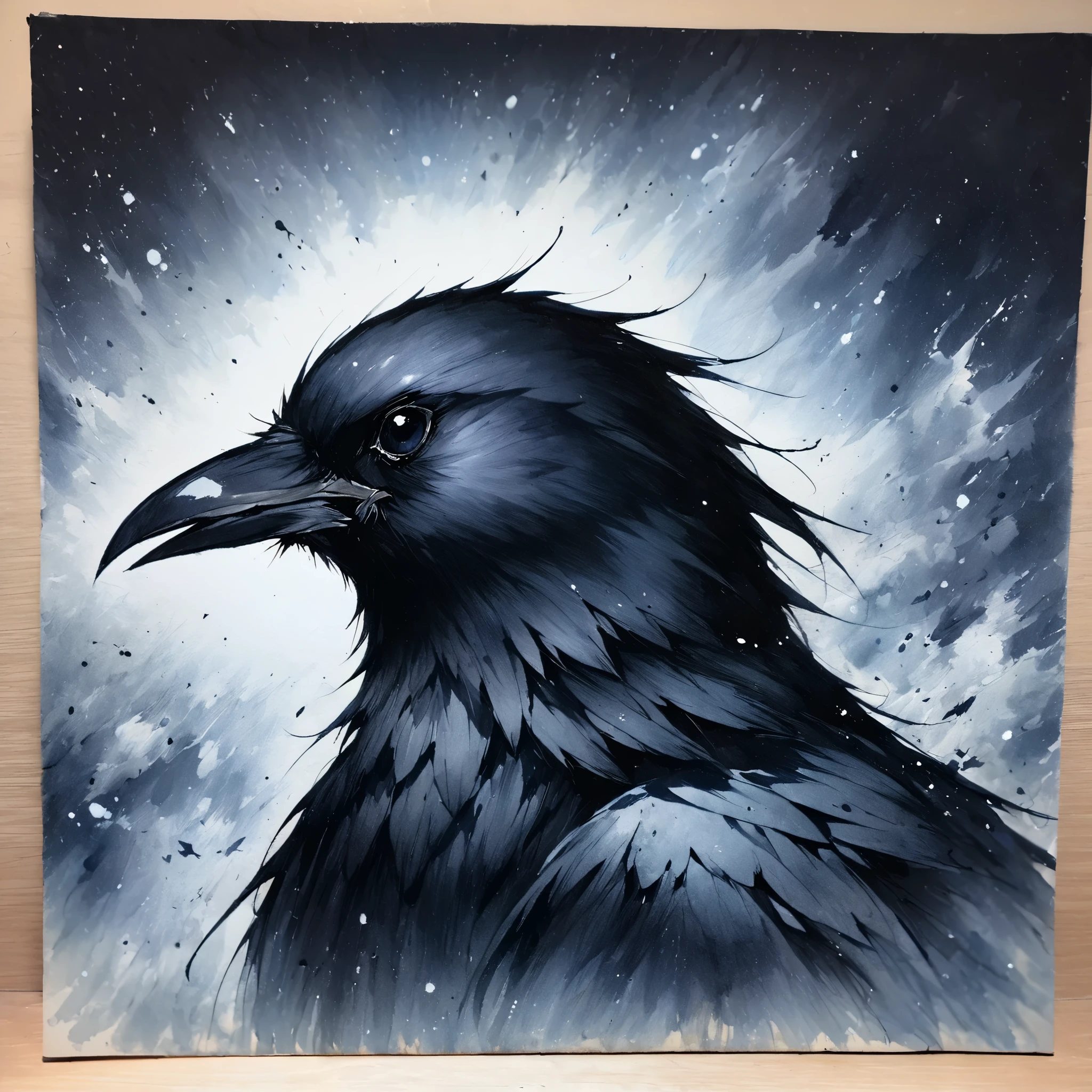 1 crow，traditional media,look up,cold background ,(Animal portraits、Raven details） ,( alone)