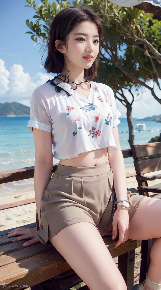 National Science Foundation, 8k original photo, best quality, masterpiece, ultra high resolution, film grain, movie lighting, 1 girl, looking at the audience, natural skin texture, Realistic eyes and facial details, full lips, lipstick, (make up), red eye shadow, fluffy short hair, messy hair, Smile, Keep your mouth shut, 漂亮的leg, tall woman, thin, Slim_leg, solo, nipple, Position your buttocks toward you, miniskirt, hindquarters, Beautiful natural location, The location of flowers around, (Detailed background) , Show a little through shirt, footwear, Vague的背景, Vague, bridle,, short sleeves, ribbon around neck, JK ribbon, brown hair, bracelet, water, through bangs, jewelry, open lips, copen lipss, View from the side, printed silk skirt, depth of field,seaside,rural area,