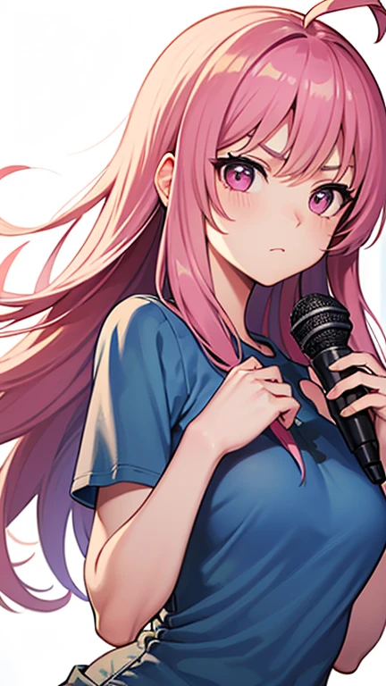 最high quality,very detailed,high quality,Extremely detailed,masterpiece,Super fine,ultra high resolution,超high quality,super delicate face,super realistic,(1 person:1.2)、woman、(Mature:1.5)、pink hair color、long hair、(pink eyes)、small breasts 、slender body, Ahoge、serious face、(sing:1.3), perfect face, beautiful proportions, Hold the microphone to your mouth, Stage Background、T-shirt、jeans、(Upper body close-up:1.3)