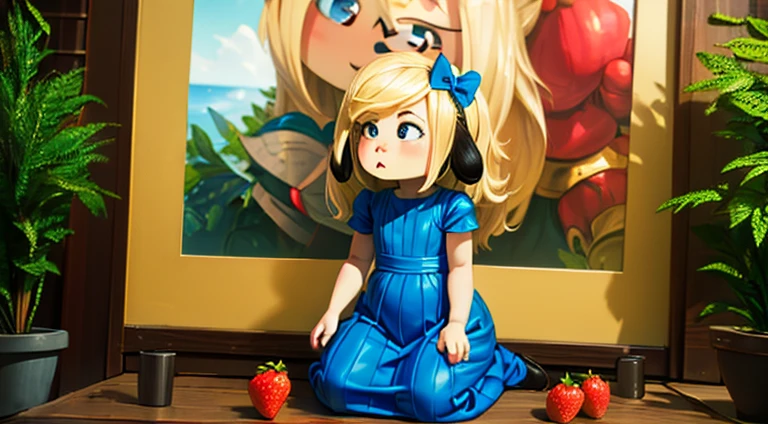 ( Absurd, High quality, ultra-detailed, masterpiece, concept art, smooth, highly detailed artwork, hyper-realistic painting ) , tiny , strawberry girl, Strawberries, cute, whole body, Romantic, Vivid, dreamy, fantasy, fairy wings, in the forest, enchanting glow, very detailed art, 1girl,blue dog ears blue dress White socks black shoes black eyes blonde hair  blue bow