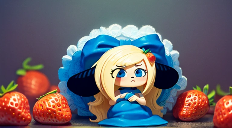 ( Absurd, High quality, ultra-detailed, masterpiece, concept art, smooth, highly detailed artwork, hyper-realistic painting ) , tiny , strawberry girl, Strawberries, cute, whole body, Romantic, Vivid, dreamy, fantasy, fairy wings, in the forest, enchanting glow, very detailed art, 1girl,blue dog ears blue dress White socks black shoes black eyes blonde hair  blue bow