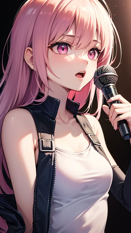最high quality,very detailed,high quality,Extremely detailed,masterpiece,Super fine,ultra high resolution,超high quality,super delicate face,super realistic,(1 person:1.2)、woman、(Mature:1.5)、pink hair color、long hair、(pink eyes)、small breasts 、slender body, Ahoge、(sing:1.3), perfect face, beautiful proportions, Hold the microphone to your mouth, Stage Background、T-shirt、jeans、(Upper body close-up:1.3)