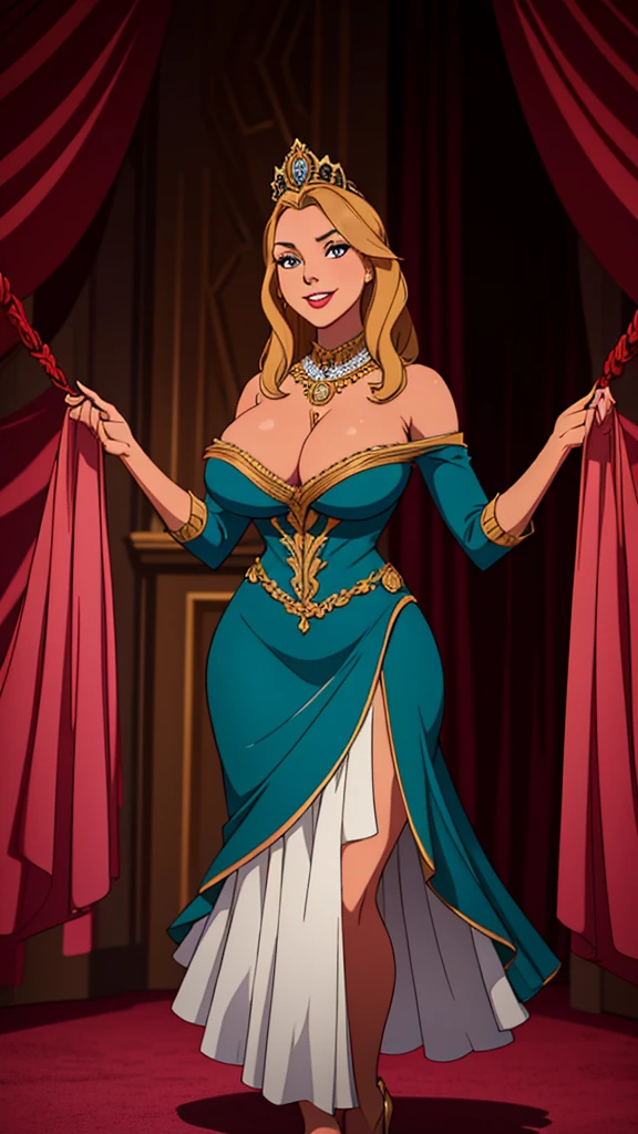 A beautiful inteligent, sophisticated women. Laura Vandervoort. Opulent and elegant hyper-detail dress fit for a queen. Large opulent breasts, covered breasts. Wide-swinging hips. wide-inviting-smile, modest, conservativly dressed. Dickensian dress, chaste, photorealistic.