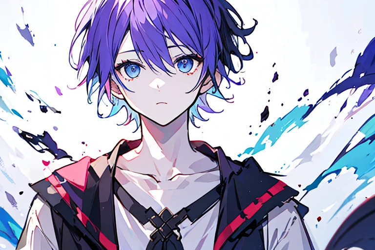 ((highest quality)), ((masterpiece)), ((1 person)),perfect face、male、purple hair color、light blue eyes、very short hair、vocal、pale colour、whole body、simple clothes、apple