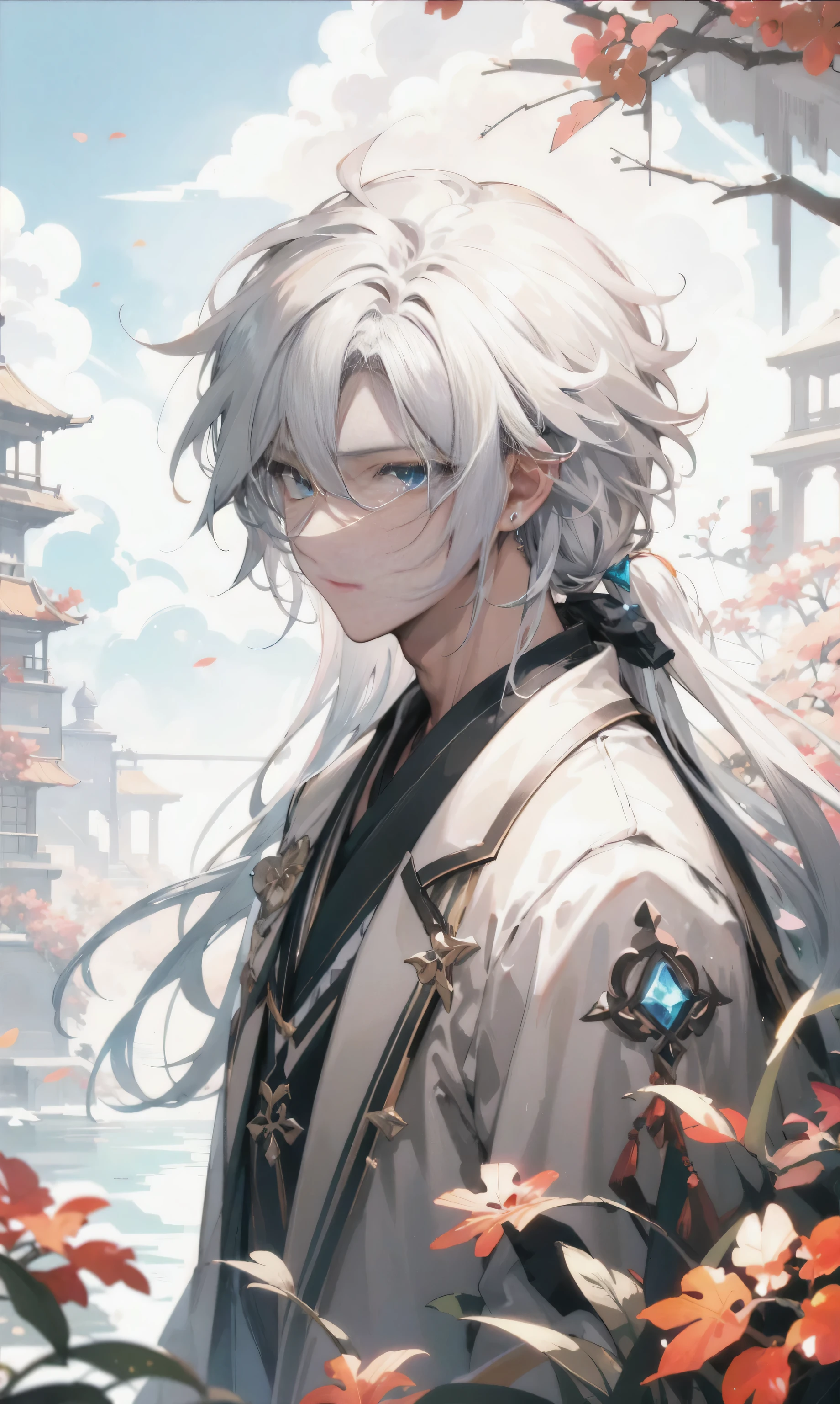 Anime character with white hair and blue eyes standing by the lake, 《Genshin》Keqing, Handsome guy in the art of slaying demons, 《Genshin》Zhongli in, Anime tribal long hair boy, Tall anime character with blue eyes, White-haired God, Male anime characters, anime handsome guy avatar, anime handsome guy, Detailed anime character art