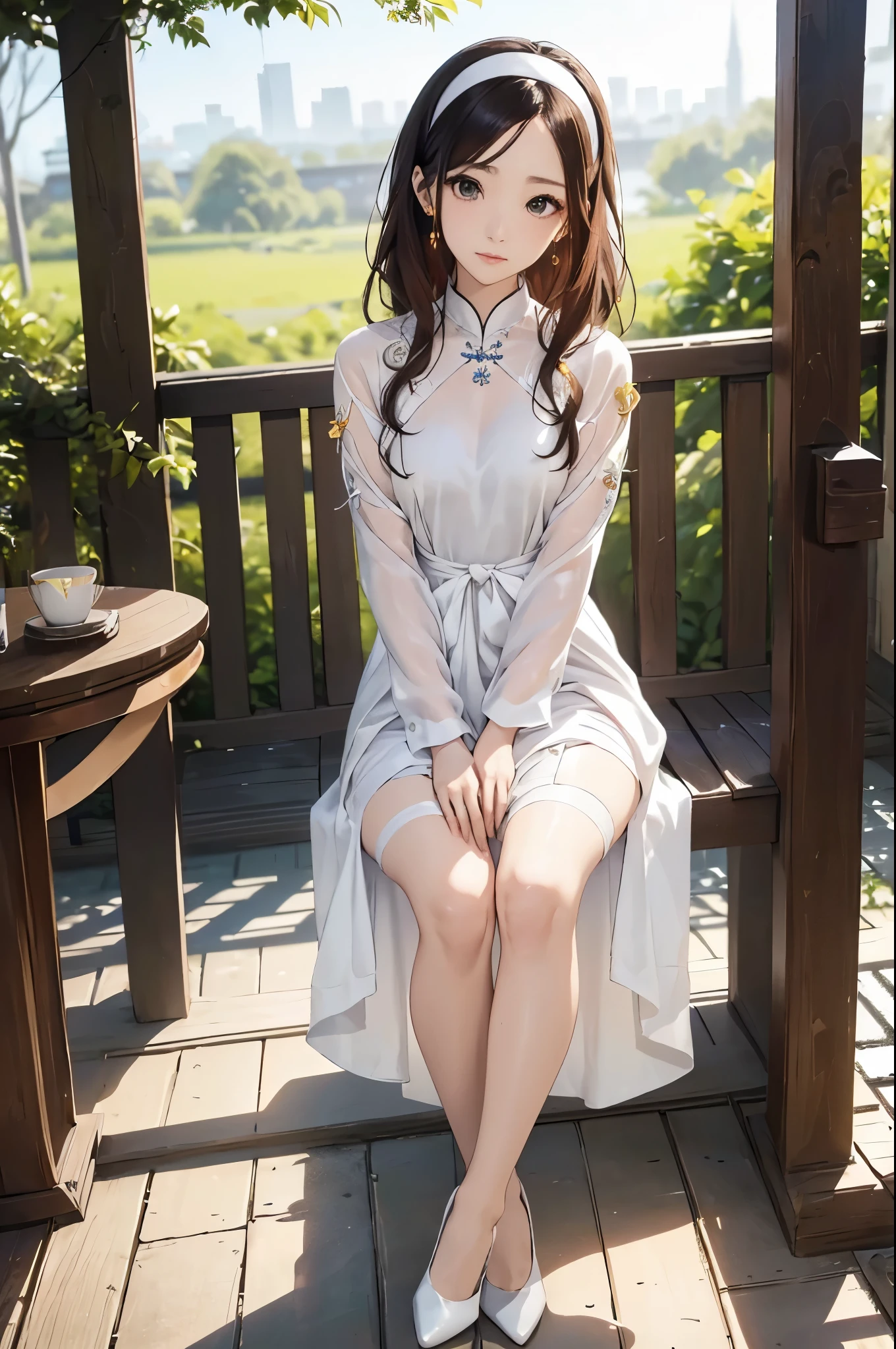 ((Biologically correct number of limbs))、(( Full body photo including face))、4K、((standing position))、masterpiece、((focus on the face))、((Symmetrical facial features))、Eyes with detailed description、Beautiful woman、outstanding style、beautiful arms、beautiful legs、beautiful hands、Detailed depiction of faces、small earrings、necklace、(silk ao dai、high heels、stockings）、The background is the park in the morning、look away、shy look、hair band、tricolor color、