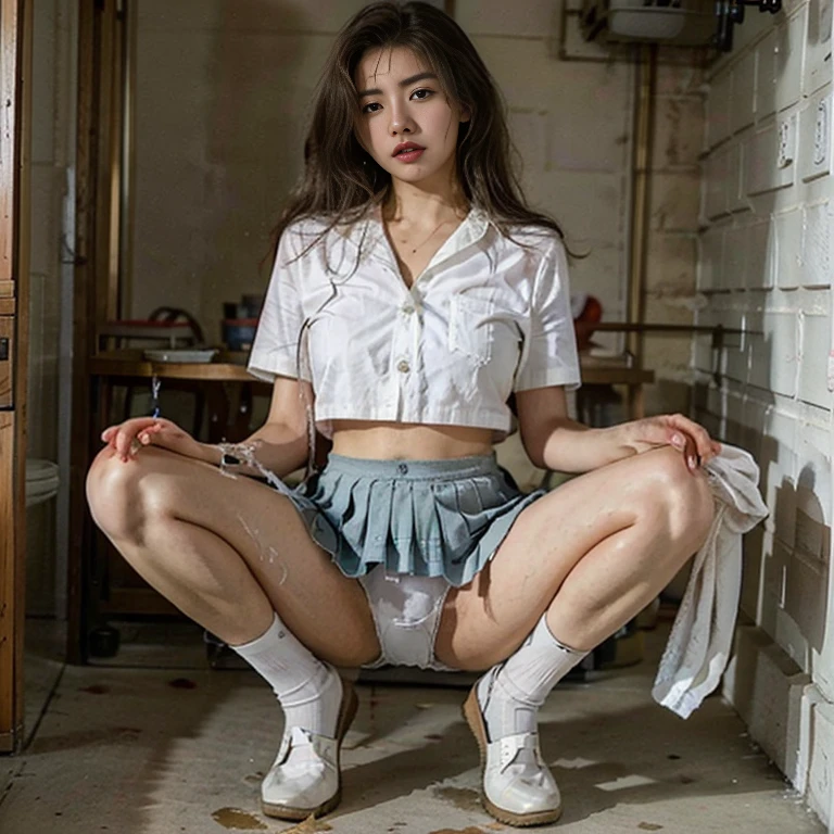 (highest quality、4k、8k、high resolution、masterpiece: 1.2)、Super detailed、(real、photorealistic、photorealistic: 1.37)、(Beautiful 15 year old Japanese woman wearing cellar clothes:1.2)、(She is squatting on a step stool with her legs spread wide.)、(Shoot from below, focusing on the crotch area)、(She lifts the hem of her skirt to reveal her panties:1.38)、(She is sexually aroused by exposing her panties、Reaching sexual ecstasy)、(Her panties are stained and discolored with bodily fluids.:1.3)、She's dripping bodily fluids from her crotch、This is a school classroom、mynatalee woman