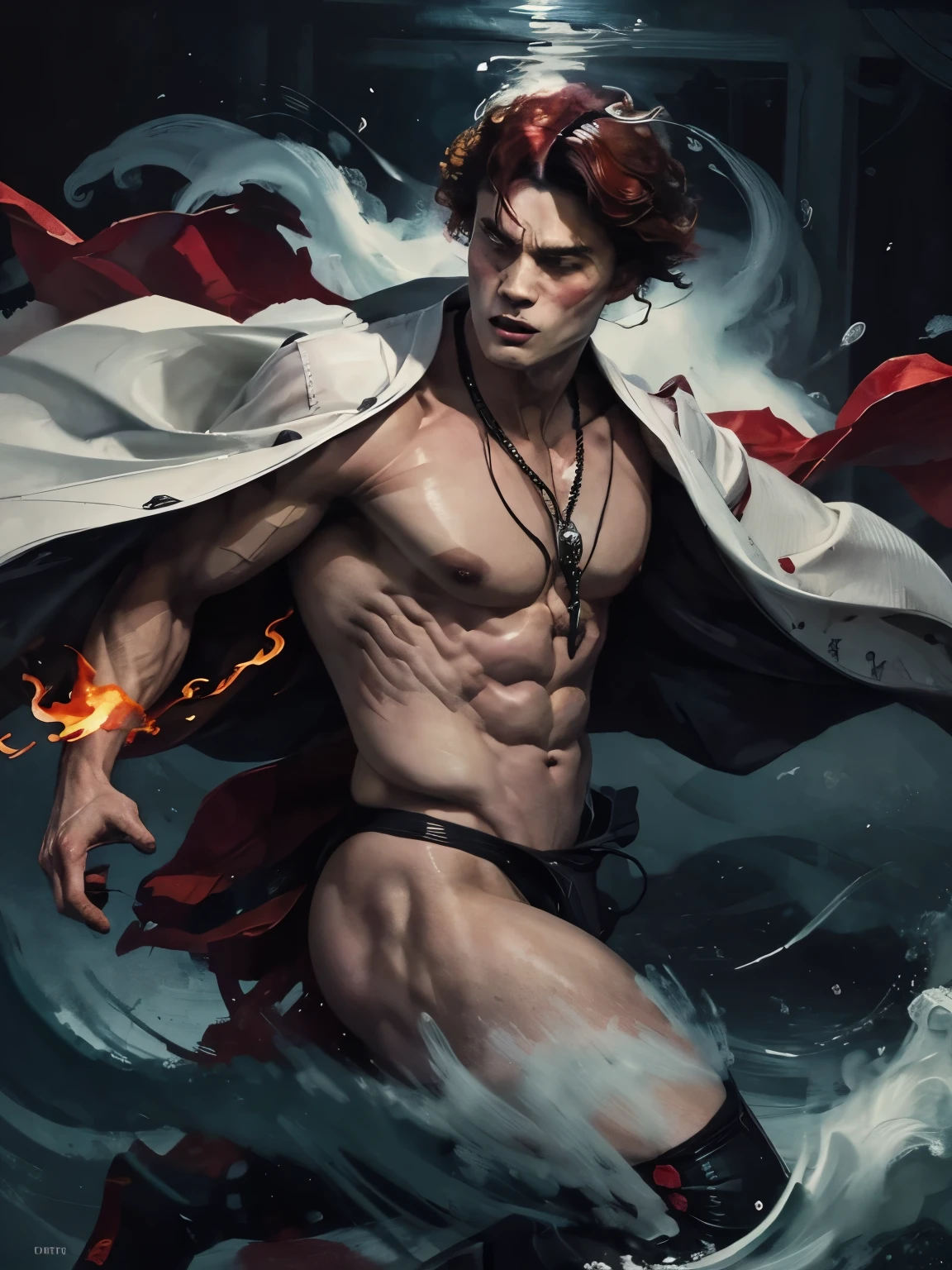 super male model in sexy pattern kimono, Depict bara character in the midst of dynamic action. This could be an action hero, an athlete, or someone engaged in an exciting activity that highlights their physical prowess., kotegawa yui, backview, soft pale white skin, Focus on capturing the curves, lines, and contours in a way that emphasizes their aesthetic beauty. add depth and complexity to the painting, NSFW Combine elements of surrealism with your portrait by incorporating dreamlike and symbolic elements that convey a deeper meaning or narrative. Experiment with portraying the dynamic nature of emotions. Use swirling, flowing fire, or kinetic fire brushwork to depict the movement of emotions within the portrait. full body shoot with fire around