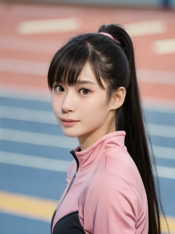 (kawaii 24 year-old Japanese girl, Nogizaka idol, Korean idol), healthy female athlete body, (glossy black hair, high ponytail, short ponytail, ponytail must be in behind the shoulders, bangs:1.3), (forehead without wrinkles:0.8), (rounded face, black eyes, single eyelid, no makeup, soft smiling:1.2), (wearing light pink track jackets:1.3), (flat chest, extra small breasts), (looking at viewer:1.2), BREAK, (track and field background:1.3), (dynamic angle:1.3), face focus, BREAK, (masterpiece, best quality, photo realistic, official art:1.4), (UHD, 8K quality wallpaper, high resolution, raw photo, golden ratio:1.2), (shiny skin), professional lighting, physically based rendering, award winning, (perfect anatomy, highly detailed skin, extremely detailed face and eyes), Carl Zeiss 85 mm F/1.4, depth of field, 1girl, solo,