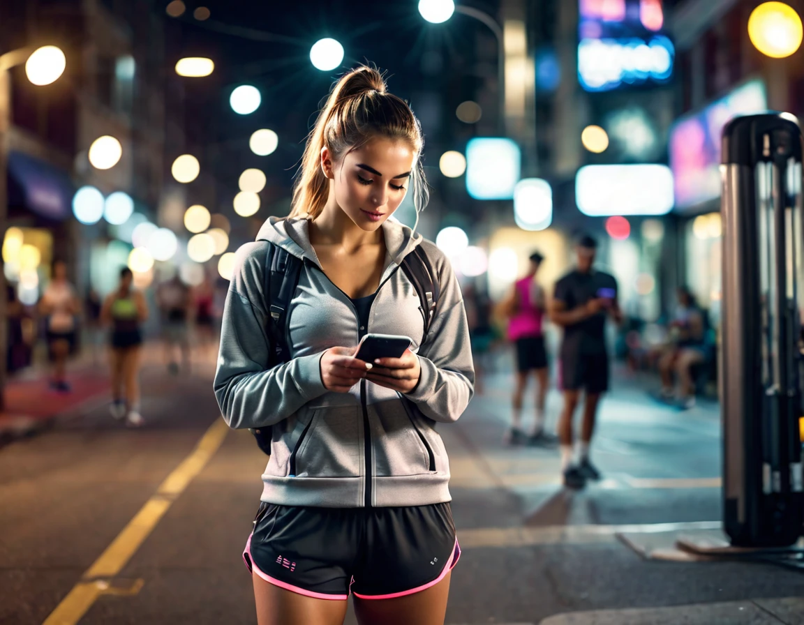 hyper realistic comercial image, a 25-year-old girl, gym clothes, typing on his cell phone on a city street at night, bokeh light effects, lens flare effects, on a great city, 8k resolution, dramatic lighting, depht blur , greg rutkowsky style, raw photo