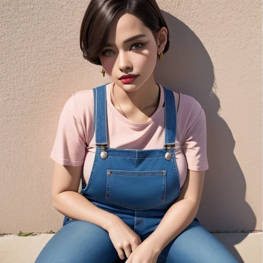 Suspender jeans(masterpiece, best quality:1.2), Very short hair, alone,Pale pink,Light rouge makeup(((Short inches)))(minor)