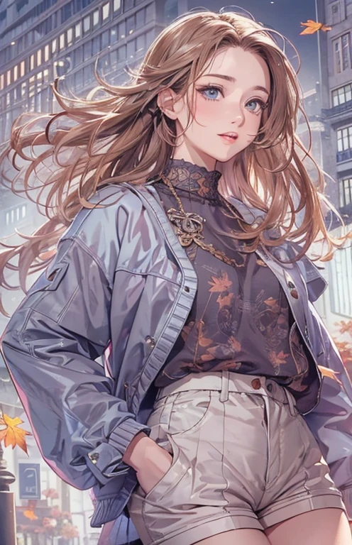 masterpiece、highest quality、High resolution、high quality images、8K, 1 female、skin luster、Texture of skin and clothing、Expression of fine eyes、shiny light brown hair,Girl with long braided hair, Manga inspired by Lee Jong-suk, trending on deviantart, realism, detailed manga style, manga art style, perfect line drawing, beautiful line drawing, digital manga art girl, K-POPアイドル, beautiful blue eyes, plump lips, detailed gorgeous face, (cute smile), charm, innocent, Side view, (perfectly detailed face), (fine hands) photorealistic images, Depth of written boundary, ponytail hairstyle, Corolla on the head , loose and light knitwear、Shoulder knitwear , show your shoulders , I can see the cleavage , autumn leaves , autumn leaves ,美しいautumn leaves,romanticism,
