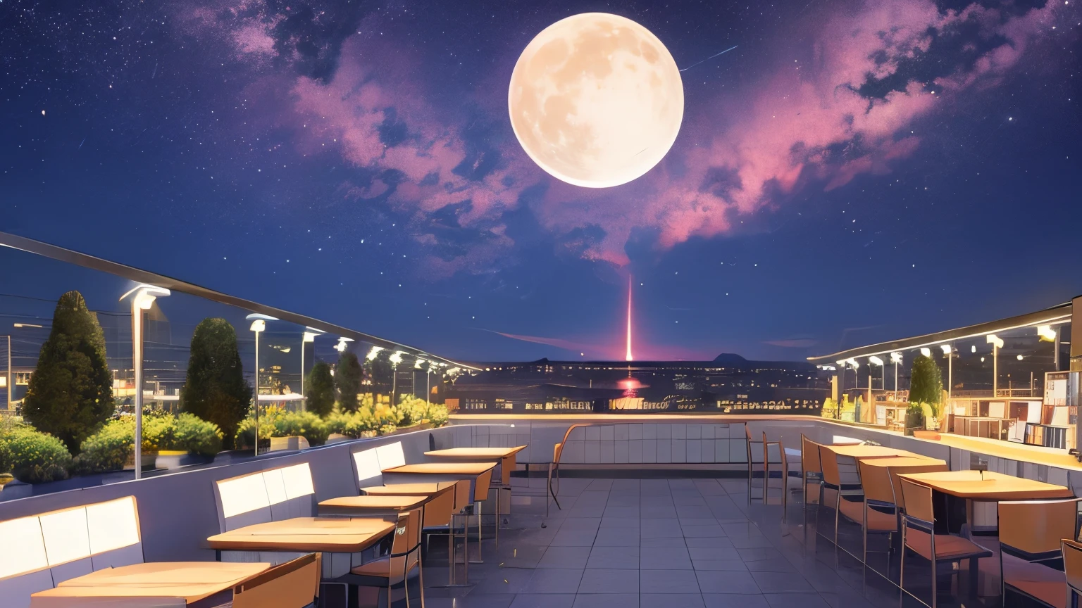 sem humanos, ao ar livre, Sky, noite, lua, plantar, cafeteria, star (Sky), noite Sky, Scenario, cidade, sinal, vaso de plantaar, plano amplo, crescent lua, luzes de neon, arte de pixel, pixel