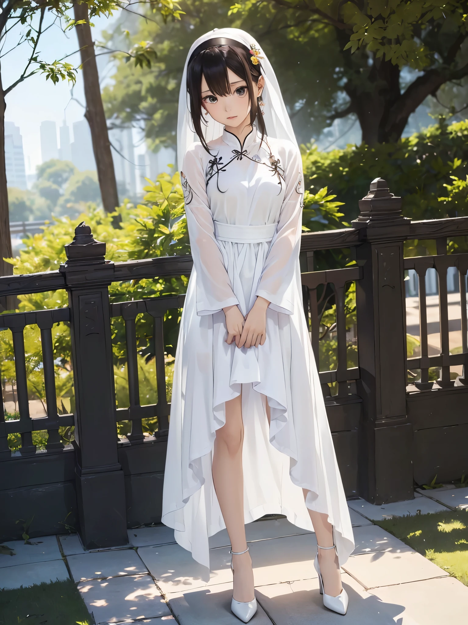 ((Biologically correct number of limbs))、(( Full body photo including face))、4K、((standing position))、masterpiece、((focus on the face))、((Symmetrical facial features))、Eyes with detailed description、Beautiful woman、outstanding style、beautiful arms、beautiful legs、beautiful hands、Detailed depiction of faces、small earrings、necklace、(silk ao dai、high heels、stockings)、The background is the park in the morning、look away、shy look、hair band、tricolor color、
