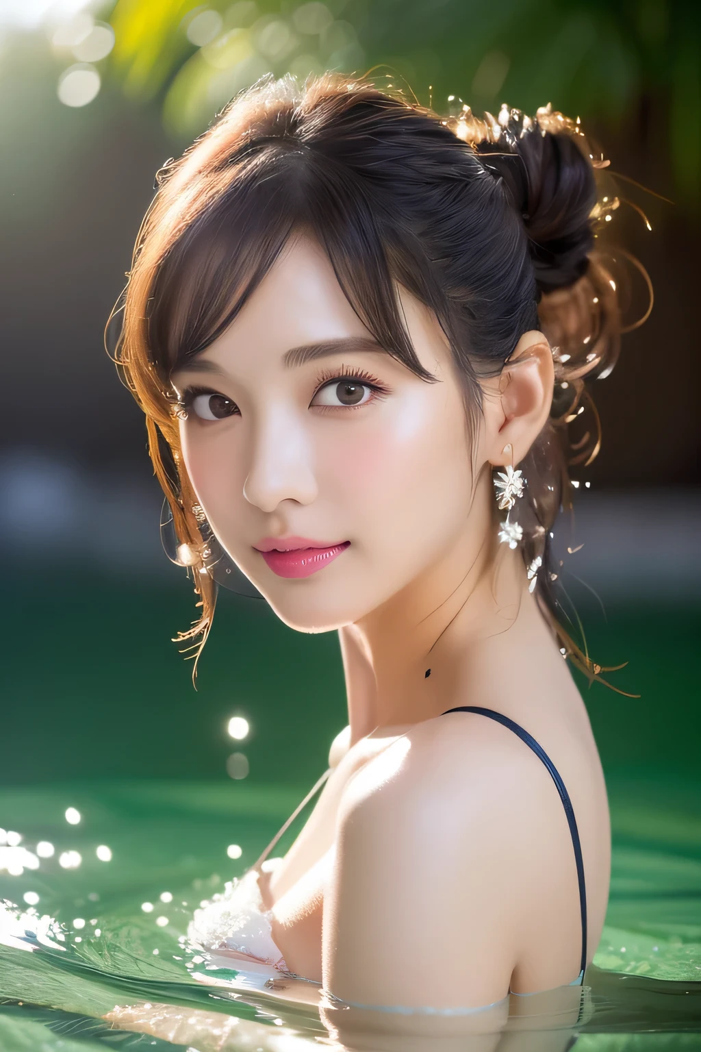 (highest quality, 4k, masterpiece :1.3), 
sharp focus, shallow depth of field, Bright colors, professional level, 
20-year-old, 1 person, (Half Japanese and German woman）, The face of a famous Japanese actress, 
Supple body :1.3, model body shape:1.5, perfect style：1.4, 
narrow shoulders, beautiful clavicle, long and thin legs, 
delicate body shape, The beauty of slim abs :1.2, thin waist :1.2, 
super detailed skin, Fair skin, Shiny skin, super detailed face, 
slim facial contour, beautiful small face, Beautiful lined nose, 
super detailed eyes, long slit eyes, brown eyes, double eyelid, Beautiful thin eyebrows, fine long eyelashes, 
super detailed lips, plump lips, glossy pink lips, flushed cheeks, White teeth, 
Beautiful actress&#39;s ennui makeup, pink lipstick, 
dark brown hair, delicate soft hair, 
(hair up, medium short hair, ponytail:1.2), 
layer cut, (dull bangs:1.2), 
(stylish looking earrings,necklace,bracelet,shiny nail art:1.2), 
cute smile, open mouth half way, Enchanted expression, ((Staring at the viewer)), 
(((photorealism,Shoot the whole body from the thighs:1.5))), ((The body is facing sideways)), 
Photographed directly from the front, dynamic lighting, 

(Dress up in a tight green polka dot bathrobe:1.2), 

((The crystal clear waters of a tropical resort, Immerse yourself in water up to your waist:1.2)), 
The midsummer sun shines on the whole, 


((Opening the small details:1.4)), 
((pursing lips:1.4)),
((blushing cheeks)),
((I&#39;m enchanted)),
((A look of pleasure)), 
((touching breasts:1.4)), 
((body is wet)),