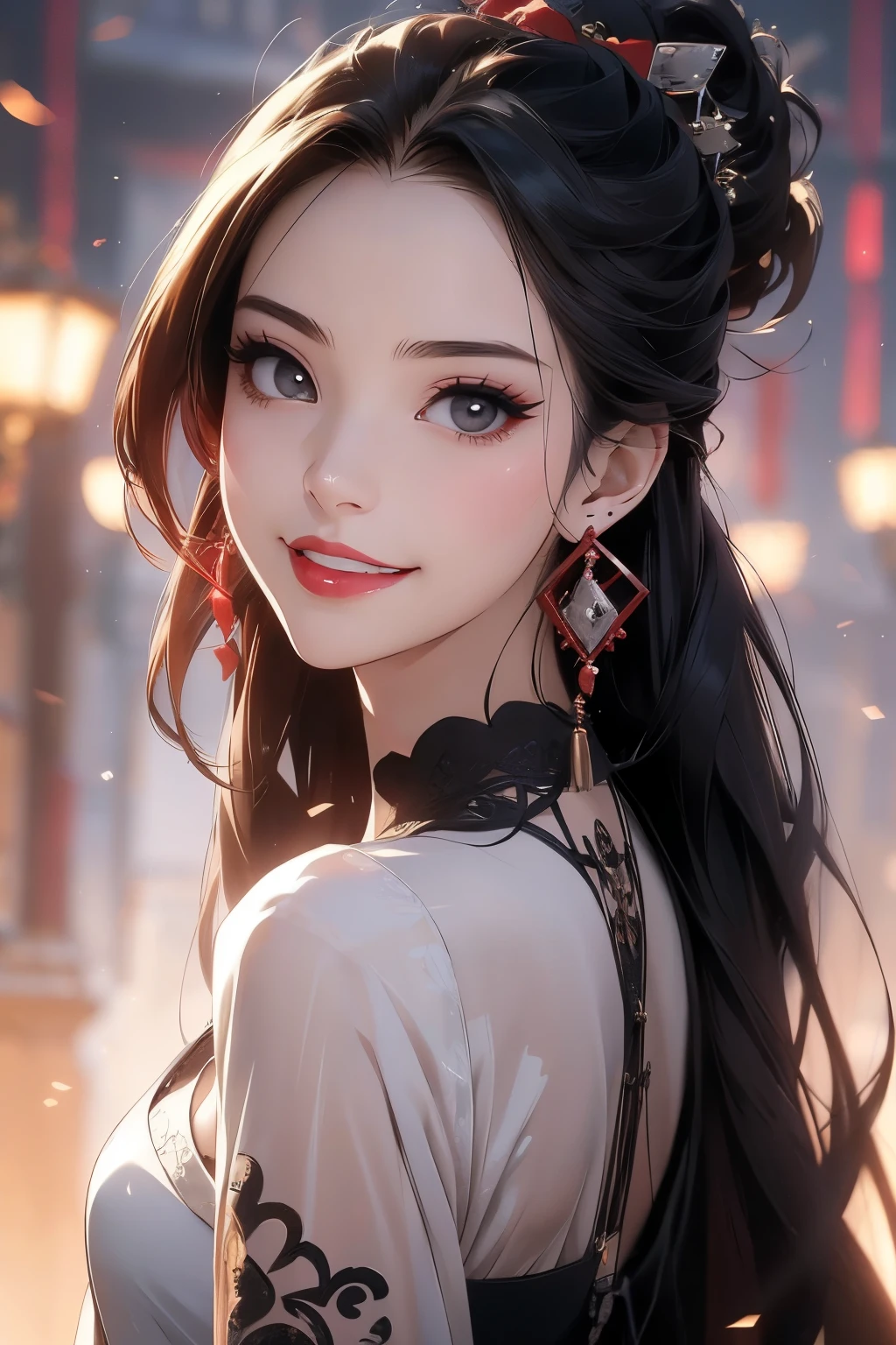 (masutepiece: 1.3), (max resolution: 1.2), (Ultra HDTV: 1.2), cinematric light, 8K resolution, Detailed eyes and skin, detailed facial features, (Sharp Focus: 1.2), (Focus on Face:1.2), Perfect Style, Beautiful face, acurate, Anatomically correct, Highly detailed face and skin texture, Detailed eyes with bright red eyeliner and long eyelashes, Full lips with bright red lipstick, Thin eyebrows, Large elegant earrings, Elegant black dress, Microphone in hand, White musical notes in the background, Smiling expression, Ar