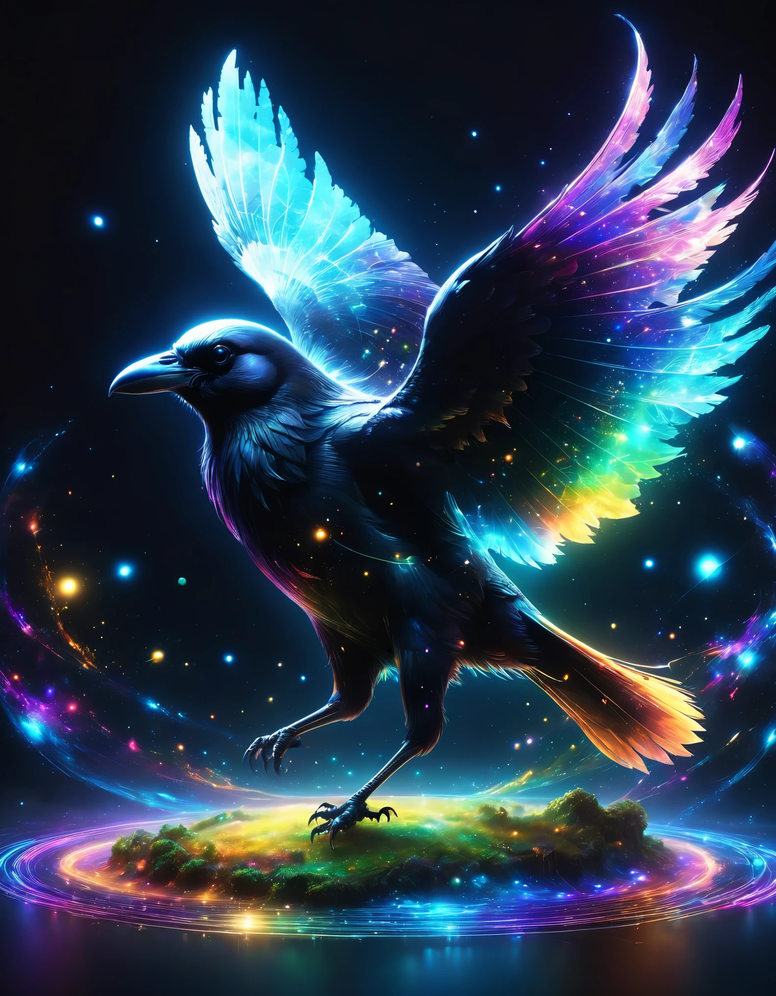 Image of a digital space:network:Science:Holography,Flying crow:overlooking,masterpiece,最高masterpiece,highest quality,rendering,rich colors,colorfulな呪文を唱える,dream-like,Detailed details,In detail,,bright colors,beautiful光と影,magic,dream-like,Inspiration,beautiful,rendering,colorful,wonderful,particles of light,get used to it,masterpiece,最高masterpiece,Art work using light,Artistic,get used to it,Dark fantasy elements