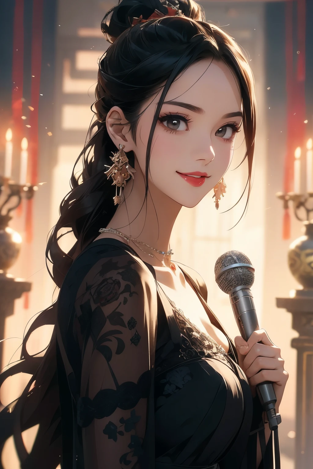(masutepiece: 1.3), (max resolution: 1.2), (Ultra HDTV: 1.2), cinematric light, 8K resolution, Detailed eyes and skin, detailed facial features, (Sharp Focus: 1.2), (Focus on Face:1.2), Perfect Style, Beautiful face, acurate, Anatomically correct, Highly detailed face and skin texture, Detailed eyes with bright red eyeliner and long eyelashes, Full lips with bright red lipstick, Thin eyebrows, Large elegant earrings, Elegant black dress, Microphone in hand, White musical notes in the background, Smiling expression, Ar