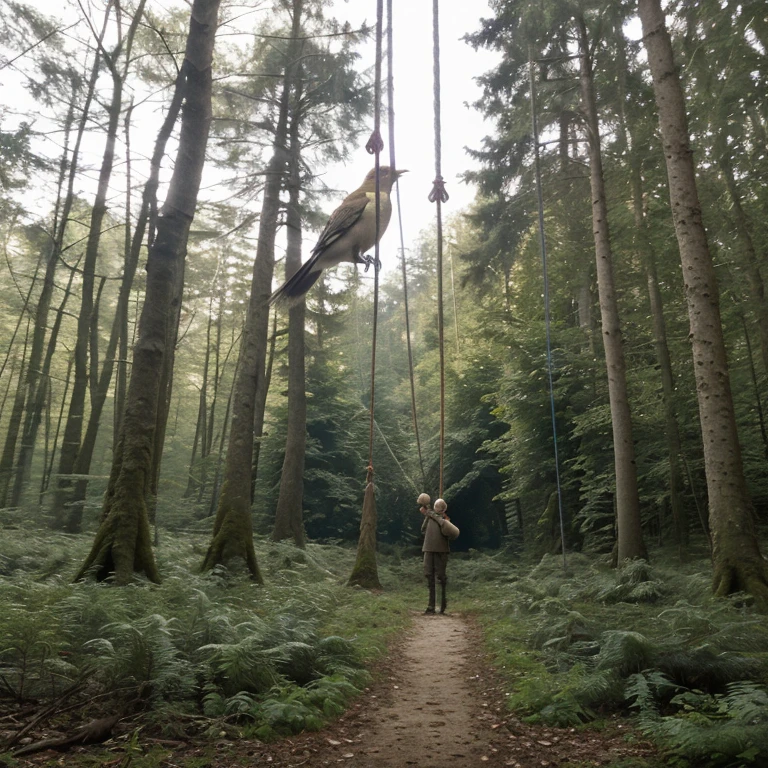 in the middle of the forest where a bird almost caught with rope