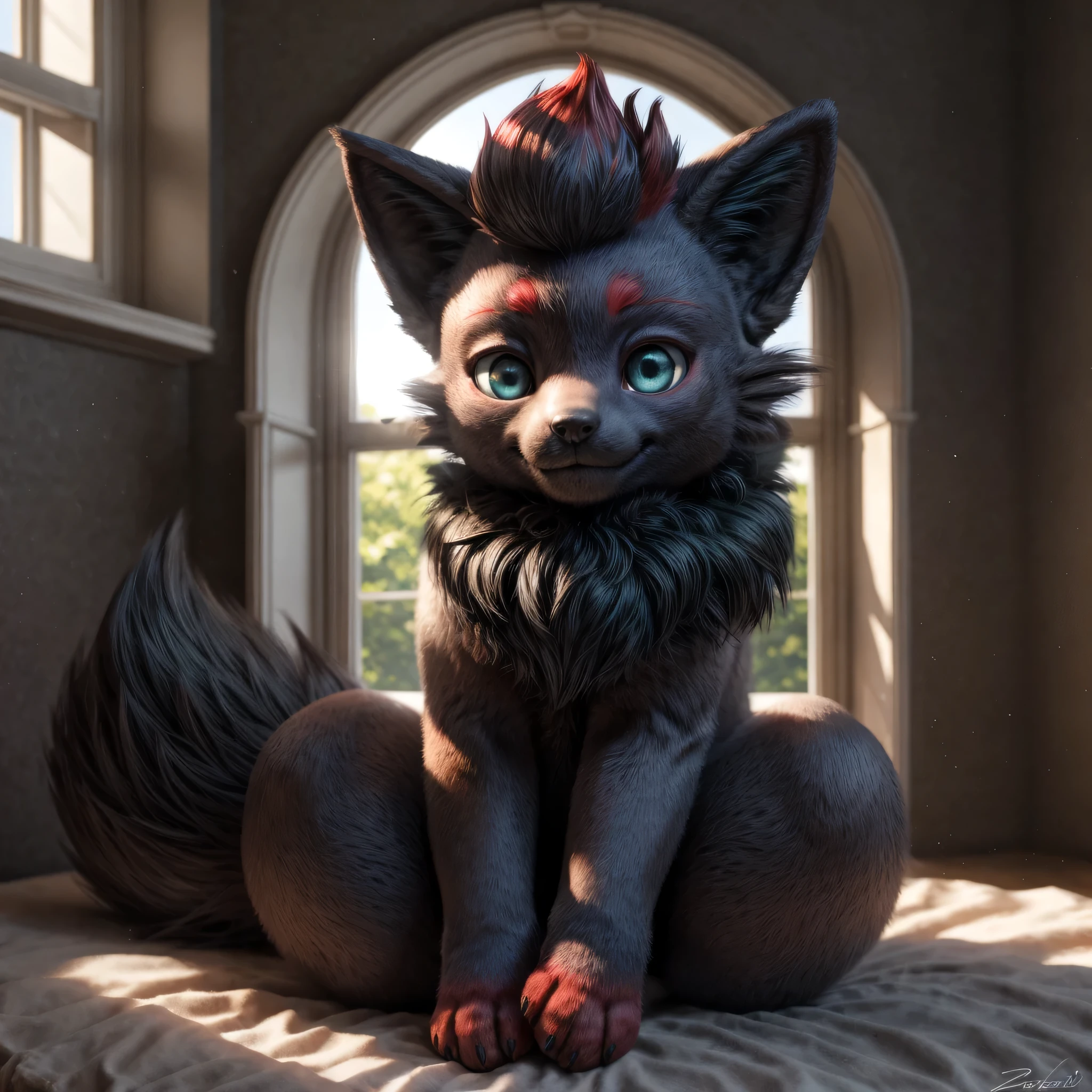 real e621, photorealistic, masterpiece, dark-gray Zorua_(pokemon), zorua_(pokemon) teal eyes, Zorua_(pokemon) red paws, black Zorua_(pokemon) hair, sitting, smiling at viewer, morning, sun shining through window, crepuscular rays,