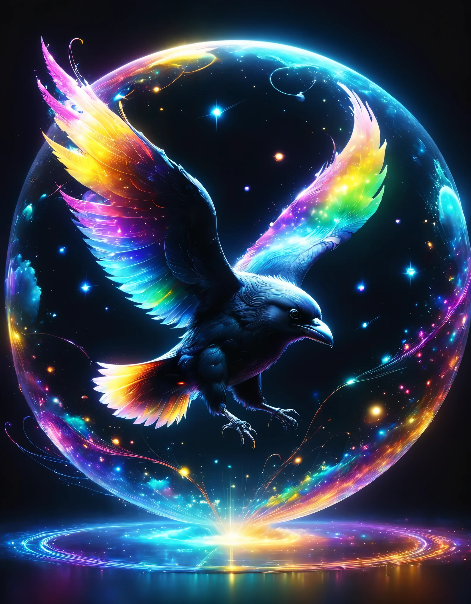 Image of a digital space:network:Science:Holography,Flying crow:overlooking,masterpiece,最高masterpiece,highest quality,rendering,rich colors,colorfulな呪文を唱える,dream-like,Detailed details,In detail,,bright colors,beautiful光と影,magic,dream-like,Inspiration,beautiful,rendering,colorful,wonderful,particles of light,get used to it,masterpiece,最高masterpiece,Art work using light,Artistic,get used to it,Dark fantasy elements