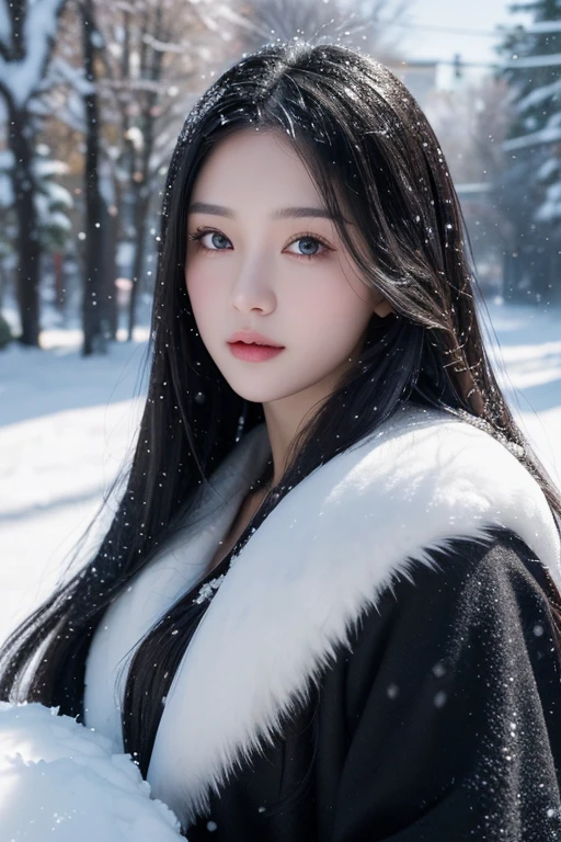 Portrait photography, beautiful girl, black long hair, gorgeous dress, snow scene, snow, snow, outdoor, (RAW photo, best quality), (realistic, photo realism: 1.3), masterpiece, extremely precise and beautiful, high resolution, original, perfect photo, (extremely detailed CG: 1.2), unified, 2K, wallpaper, stunning, fine details