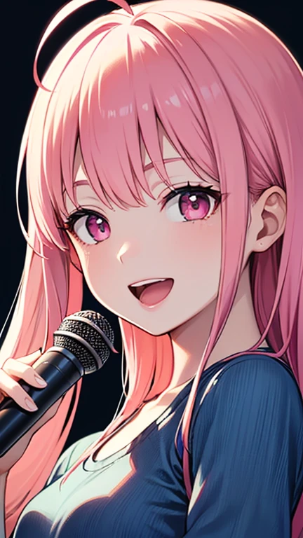 最high quality,very detailed,high quality,Extremely detailed,masterpiece,Super fine,ultra high resolution,超high quality,super delicate face,super realistic,(1 person:1.2)、woman、(Mature:1.5)、pink hair color、long hair、(pink eyes)、small breasts 、slender body, Ahoge、smile、(sing:1.3), perfect face, beautiful proportions, Hold the microphone to your mouth, Stage Background、T-shirt、jeans、(Upper body close-up:1.3)