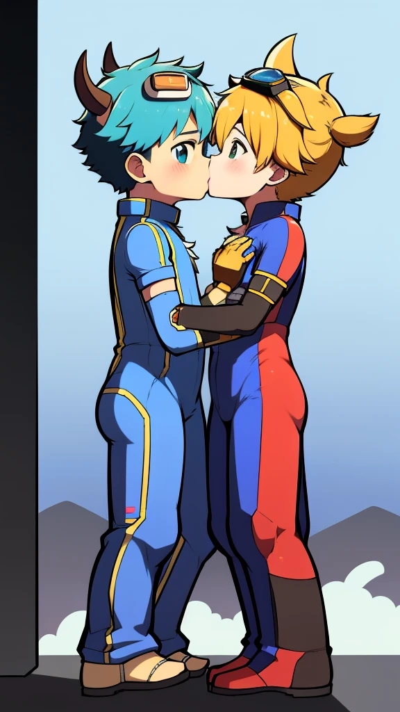 (( boy)),(Youthful feeling),one piece mountaineering suit,There are horns on the head,slender figure,goggles,fingerless gloves,stand up,cotton socks,short sleeves,kiss,love