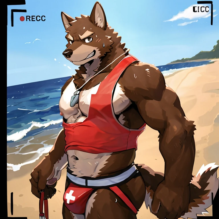 POV,top angle,sleep on stomach,lats,trapezius,butt lift,kemono, anthro (brown dog), male, (brown dog), muscular, back, red body, white belly ,sweat, ((correct anatomy)), stand, beautiful beach, perfect beautiful beach background, 1 boy, solo, wearing jockstrap, pain expression, canine tooth, hd, dark shadows, wide dynamic range, hdr, low light:1.2, front view, full body, canid, canine, canis, domesticbrown dog mammal, nordic sled brown dog, fullbody, full res, smile, lifeguard, wearing Tank top, full body, camera view, side view, full view, whistle, look at viewer