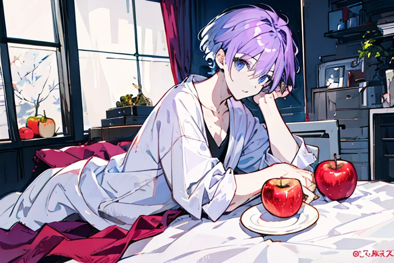 ((highest quality)), ((masterpiece)), ((1 person)),perfect face、male、purple hair color、light blue eyes、very short hair、vocal、pale colour、whole body、simple clothes、Apples on the table、on the bed