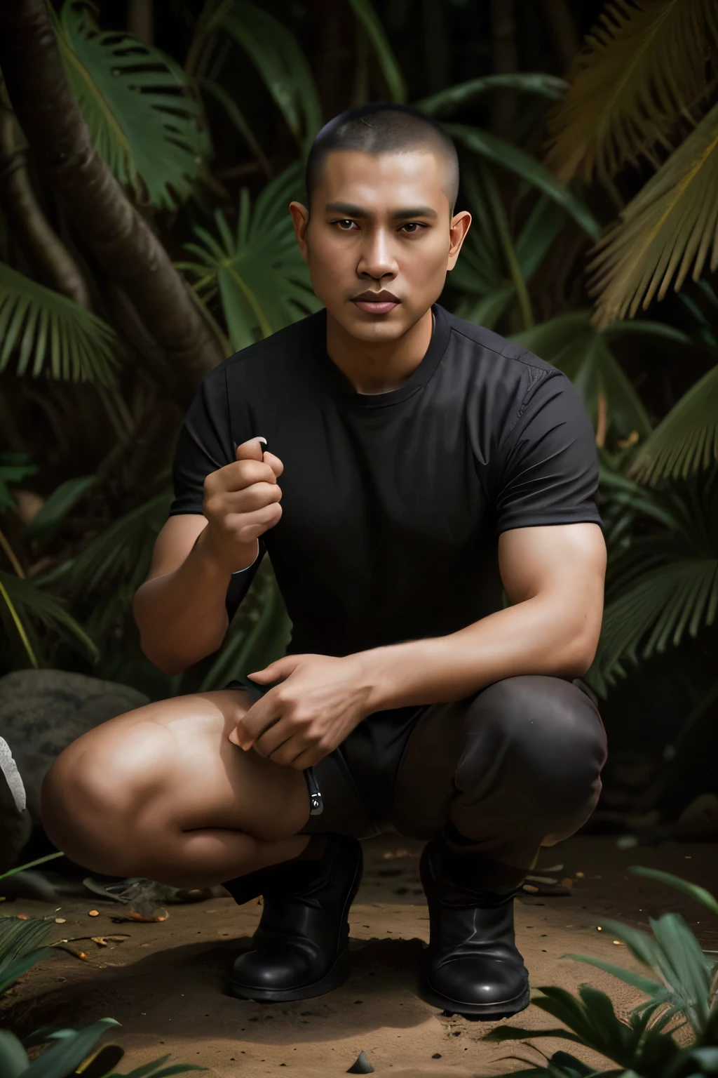 masterpiece of a handsome Indonesian Javanese man ((30 years old, medium buzz cut hair, oval and clean face, thin body, wearing a black t-shirt that says "Cah Gombong", brown jacket, brown boots)), squatting with a white tiger, and many white tiger behind him, looking at the audience, dynamic pose, man's right hand stroking the panther's head, looks full of warmth, tropical forest background, nearby there is a camping tent, there are lanterns, twilight atmosphere, waterfall in the background
Original high resolution photo
