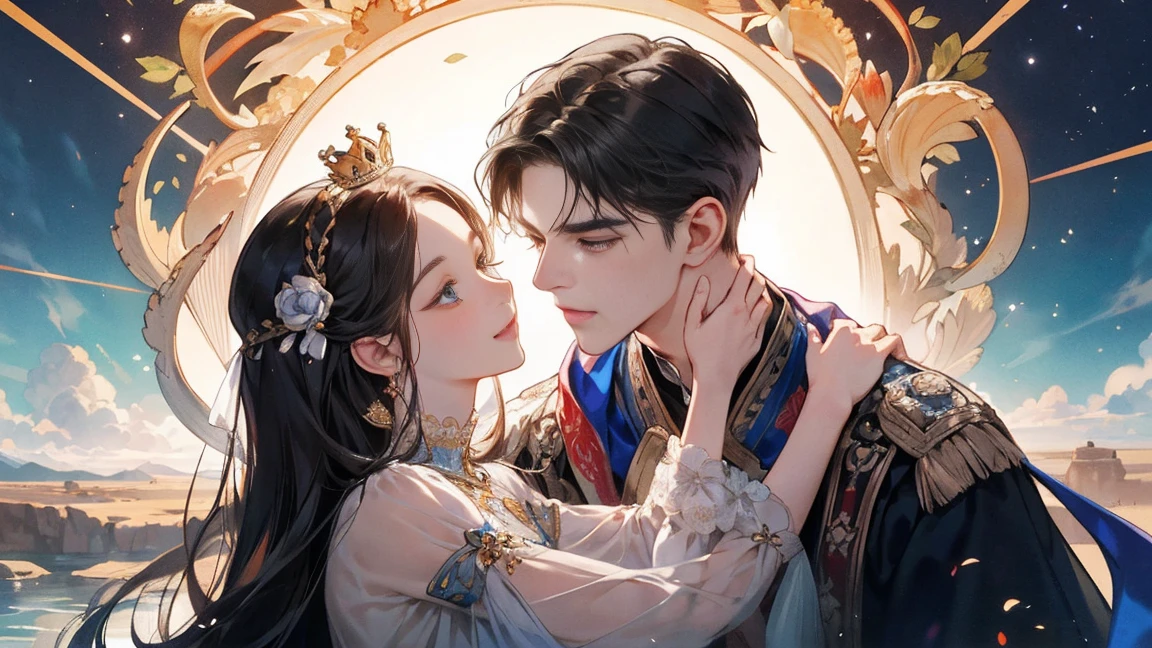 A heartwarming and lyrical scene depicts an intimate encounter between a man and a woman.。Happiness in love。tears of gratitude。steppe of central asia。Moonlight Sparkle、The shimmering banks of the Ili River。Creates a fantastic and romantic atmosphere。The couple is embracing each other in bliss。 The man is tall and has dark hair that frames his striking face.。The man is the crown prince of the Turkic nomadic empire.。The man is wearing an ultramarine outfit intricately embroidered with gold thread.。This is the costume that proves he is the Crown Prince.。The women are ordinary people of the oasis and wear Uighur traditional clothing.。The woman from Turpan in the Takmalakan Desert is delicate and .。Show off your radiant beauty with flowing, light-colored hair。 their pure love、Emphasis is placed on transcending class and culture.。 This magical moment captures the essence of their love。Evokes a sense of purity, sweetness and singleness。Persian miniature、Reminiscent of Gustave Moreau&#39;s style、delicate、beautiful、Exotic, luxurious and full of profound charm。romantic。Heartful。dramatic。digital art。super masterpiece。perfect finish。Detailed and sophisticated。Sweet and elegant。Masterpiece。super beautiful。Deeply moving。sky、people、land。nostalgic。A fundamental emotion。Hometown。